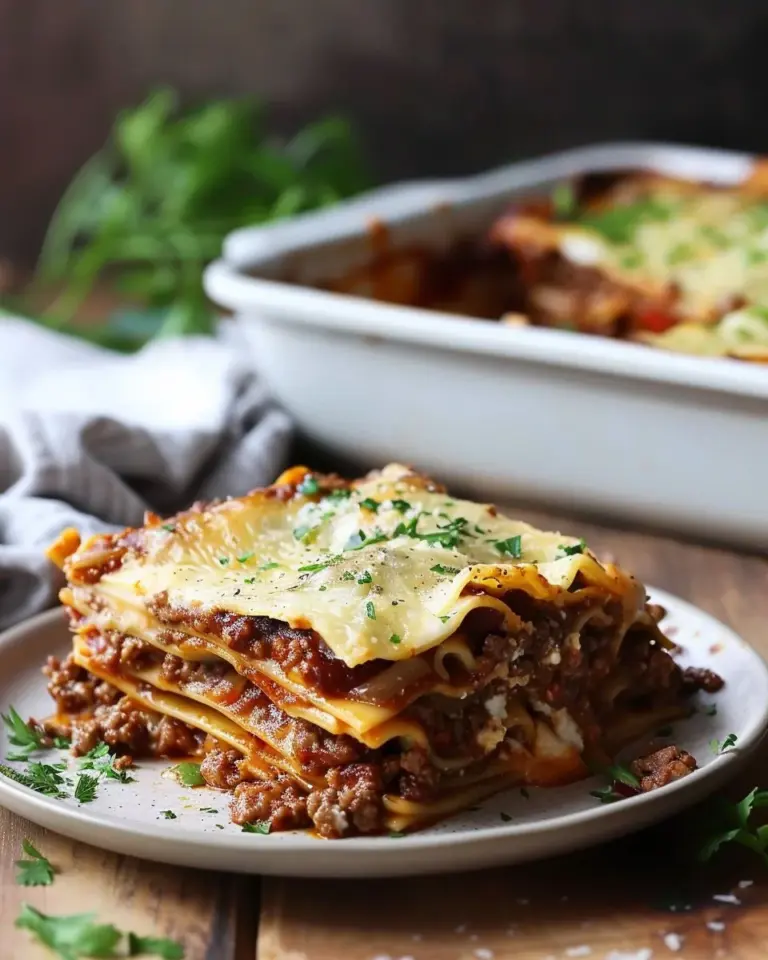 Parmesan Garlic Bacon Cheeseburger Lasagna sliced and served on a plate