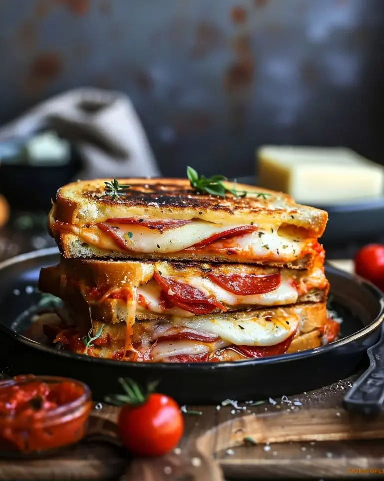 Delicious pizza grilled cheese sandwich with melted cheese and pizza toppings