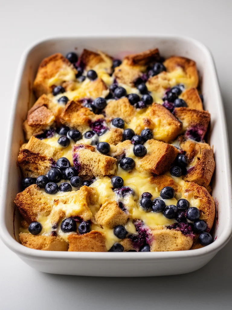 Quick blueberry French toast casserole ready to serve for breakfast