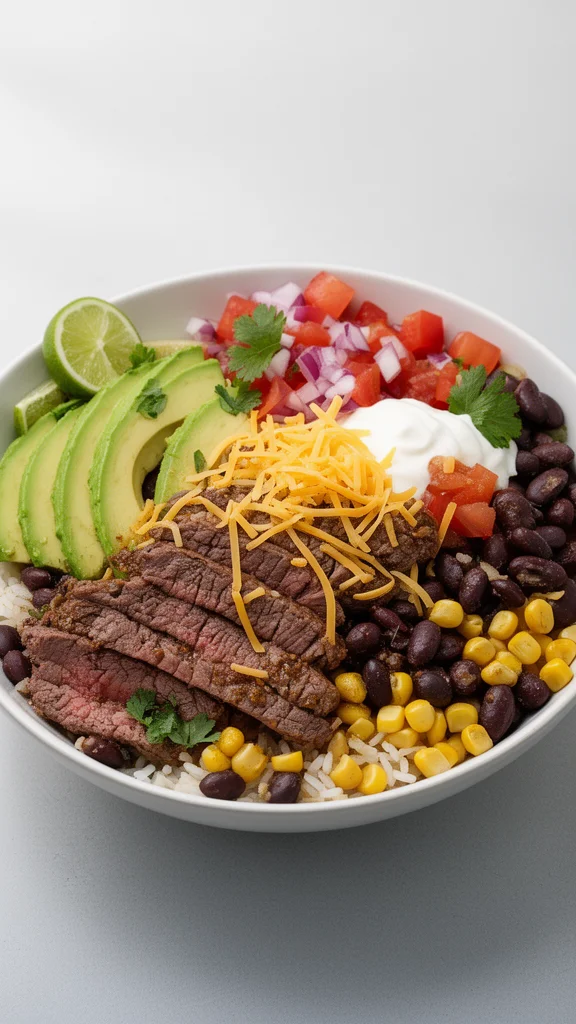 Delicious Steak Burrito Bowl with tender steak, rice, beans, and fresh toppings