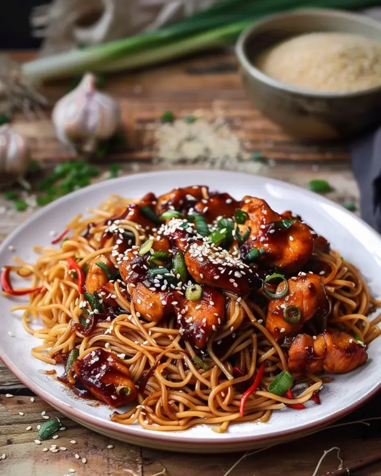 Sticky garlic chicken noodles served in a bowl