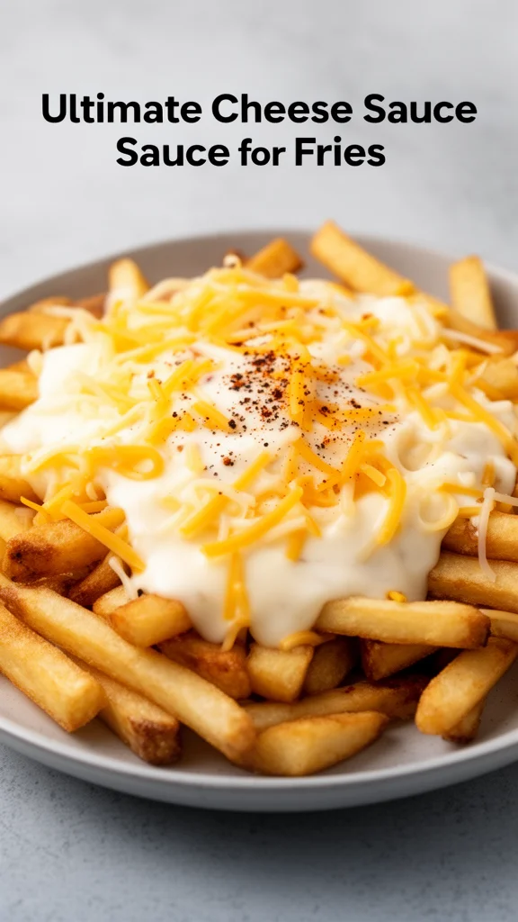 Creamy cheese sauce drizzled over crispy fries for a delicious snack.