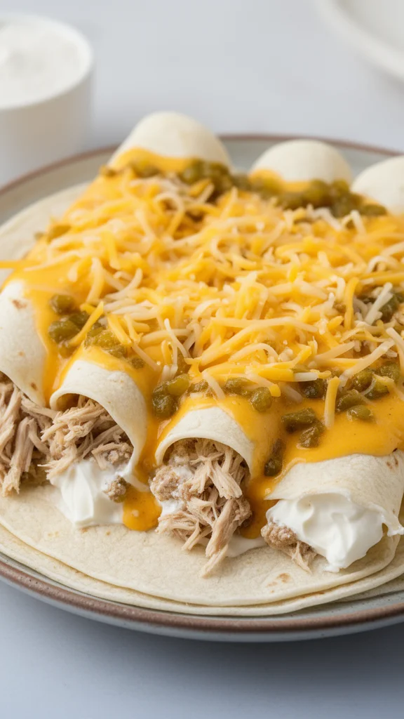 Plate of white chicken enchiladas topped with sauce and cheese